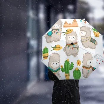 Alpaca Desene animate Drăguț Cactus Pălărie Complet automată Umbrelă de Ploaie pentru Femei, Copii Pliabil Umbrelă de Soare Tipărite Opt Fire Umbrela