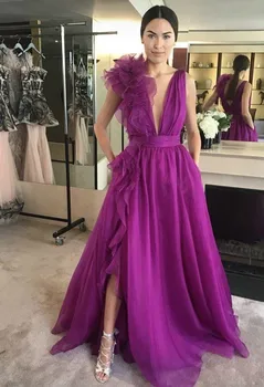 Simplu Violet Tul V Gât Mare Fantă Femei Rochie de Bal Rochii de Seara, Rochii de vestidos elegantes para mujer 2023