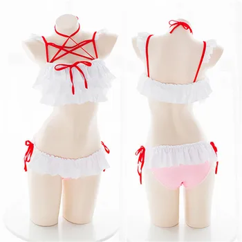 Femei Zburli Bikini Set Lolita Anime Cosplay Lolita Pentagrama Strappy Bathingsuit Costum de iepure 2 BUC Tip Split Zburli Costum