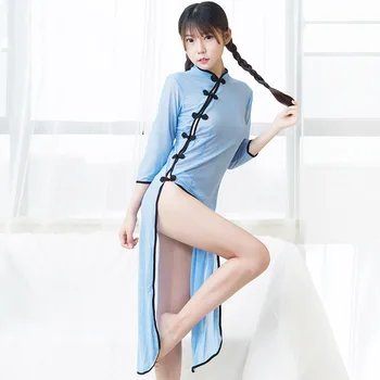 Republica China cheongsam Student stil rochie Micro transparente mare fantă sexy cămașă de noapte