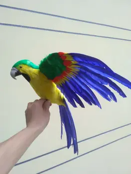 Mare simulare verde&galben papagal de jucarie din plastic si blana aripi albastre modelul parrot cadou despre 42x60cm