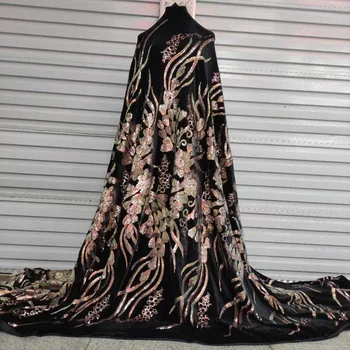 (5yards/pc) de Înaltă calitate, moale și netedă din Africa de catifea dantela tesatura cu fantastic paiete broderie pentru rochie de petrecere FHS135