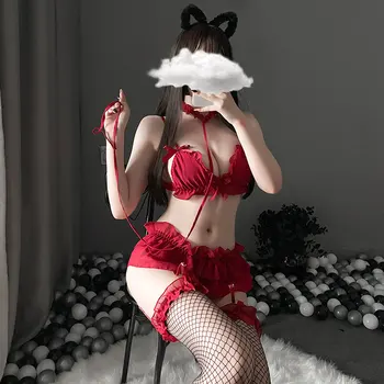 Lenjerie Sexy Pentru Femei Șifon Roșu Dantelă Lenjerie De Corp Erotică Tinuta Câteva Costume Cosplay Cu Leadchain Chilotei Sutien Set 2021 Noi
