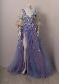 Flori 3D Lung Mâneci bufante Rochii de Bal 2021 V Gât Înalt Split Partea de Seara Formale Rochie de Petrecere vestidos de gala