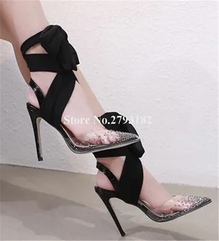 Design de Brand de Moda pentru Femei a Subliniat Toe din PVC Clar Stras Toc Stilet Pompe de Cristal Glezna Bretele Tocuri inalte Pantofi de Nunta