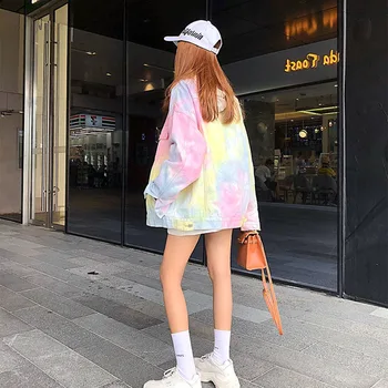 Wenfly Femei Fierbinte De Vânzare Haine Coreeană Curcubeu Haine De Culoare Tie Dye Jacheta Denim Liber Casual Epocă Îmbrăcăminte Streetwear
