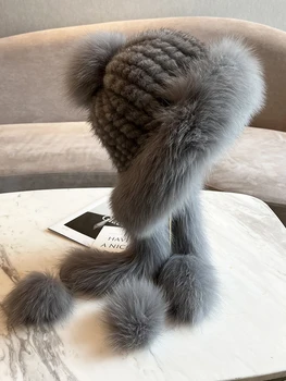 Iarna Cald Real Fox fur Trim Hat pentru Femei 2-în-1 Funcție Gluga cu Fular Reale Nurca Blană Pălărie de Eșapament