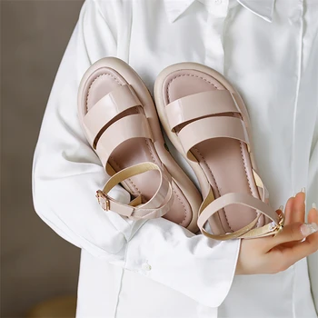 Meotina Femei Din Piele Glezna Curea Sandale Platforma Rotund Toe Sandale Plate Bandă Îngustă Catarama Sandale De Doamnelor Pantofi De Vara