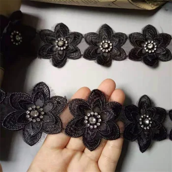 2 curte Poliester Negru 3D Flori Brodate din Africa Tapiterie Dantelă Panglică Tesatura de Cusut Manual și Ambarcațiuni Pentru Costum Decor Nou