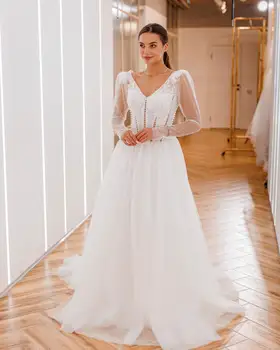 Elegant, Plin Mâneci Margele Aplicatiile de O Linie de Mireasa Rochii de Mireasa Rochie 2023 vestidos de novia Halat De Ma