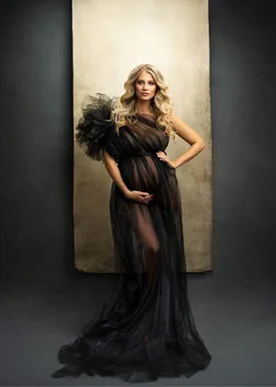 Tul Negru Rochii de Maternitate pentru Fotografie Elegant pe Un Umăr de Mireasa Halat Femei Gravide Rochii Rochie Babyshower
