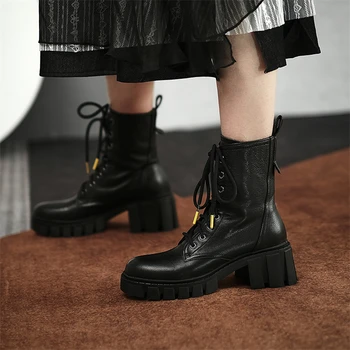 Meotina Femei din Piele Glezna Cizme Rotund Toe Platforma Gros la Mijlocul Toc Dantelă-up Boot Lady Pantofi de Moda Toamna Iarna Negru