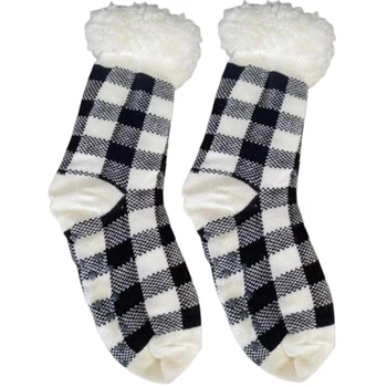 Femei Iarna Fuzzy Papuci de casă Ciorapi Vintage Print Carouri Non Alunecare Lână Ciorapi 37JB