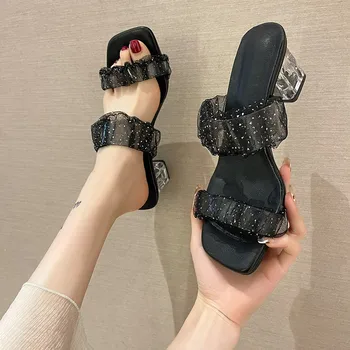 Pătrat Sexy Peep Toe Plasă de Diapozitive Pantofi de Partid Transparent Tocuri inalte Femei Papuci Sandale 2022 Interior TGHDOF Casă de Vară
