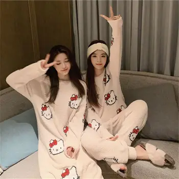 Sanrio Hello Kitty Pijamale Femei Kawaii 2022 Toamna Iarna Noi Coral Fleece Dormit Homewear Costum De Desene Animate De Pluș Rochie Vrac