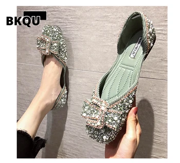 BKQU Femei Toc Plat Pantofi de Cristal Pearl Apartamente de Partid Primăvară Subliniat Toe Slip On Sexy V Gura Doamna Weekend Mocasini Sandale