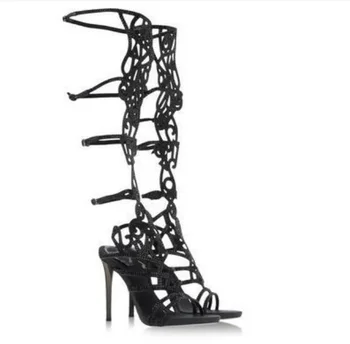 Bling Stras Forate Sculpta Genunchi Sandale Cizme Femei Cu Toc De Cristal Gol De Vară Cizme Lungi Mujer Pantofi Cizme