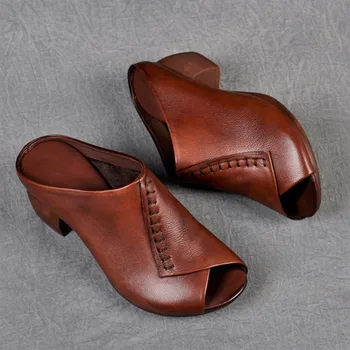Vara retro din piele toc gros exterior papuci de casă gură de pește pantofi cu toc mediu din piele moale de vârstă mijlocie mamei pantofi confortabil