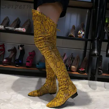 Sorbern Galben Python Coapsei Cizme Inalte Pentru Femei De Bloc Tocuri Ascuțite Toe Cu Toc Înalt Pantofi Doamnelor Peste Genunchi Cizme Femei Plus Dimensiune
