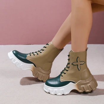 Femei Înălțime-creșterea Gros-Cizme de Pană Toc Dantelă-up Decorativ Pantofi pentru Femei de Moda de Iarnă Cizme pentru Femei