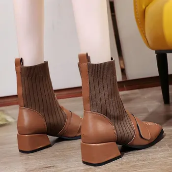 Toamna Rochie Nouă Britanic Pantofi Tricotate Șosete Botine cu Toc mic de Epocă Glezna Cizme pentru WomenNice