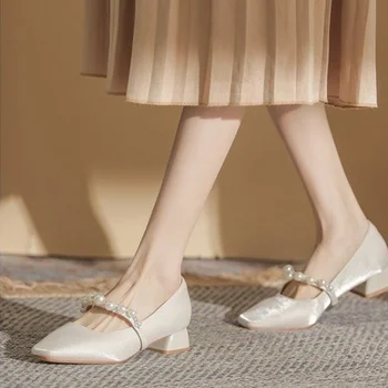 Primăvara și Toamna Pantofi pentru Femei 2022 Moda Versatil Solid de Culoare Margele cu Un Pas în Pantofi de Nunta Perla Toc Toc mic Rochie